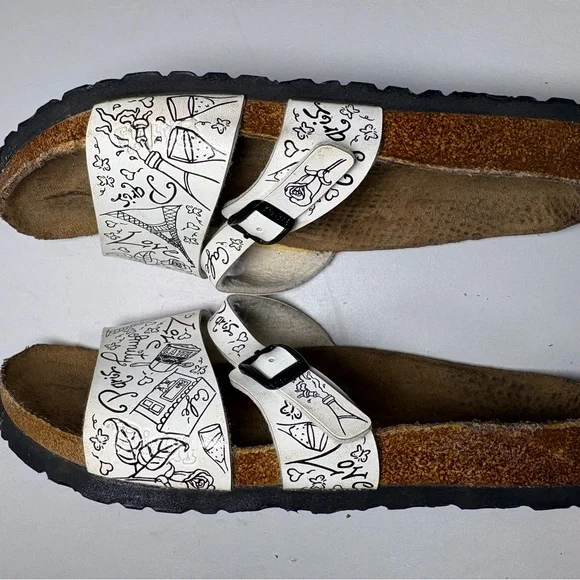 Amity Paris Love & Cafe Graphic Slides | Adjusted Contoured Footbed Birkenstocks - Picture 4 of 5